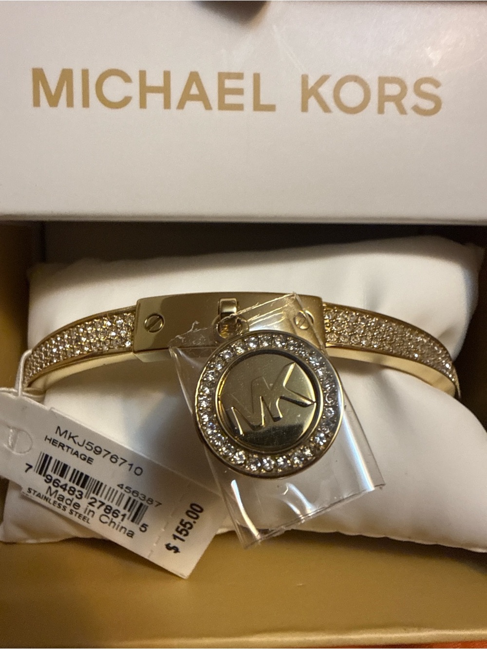 Michael Kors Gold Crystal-Embossed Heritage Bangle with MK Charm